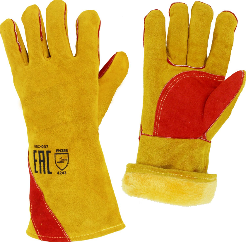 Краги спилковые пятипалые желтые утепленные